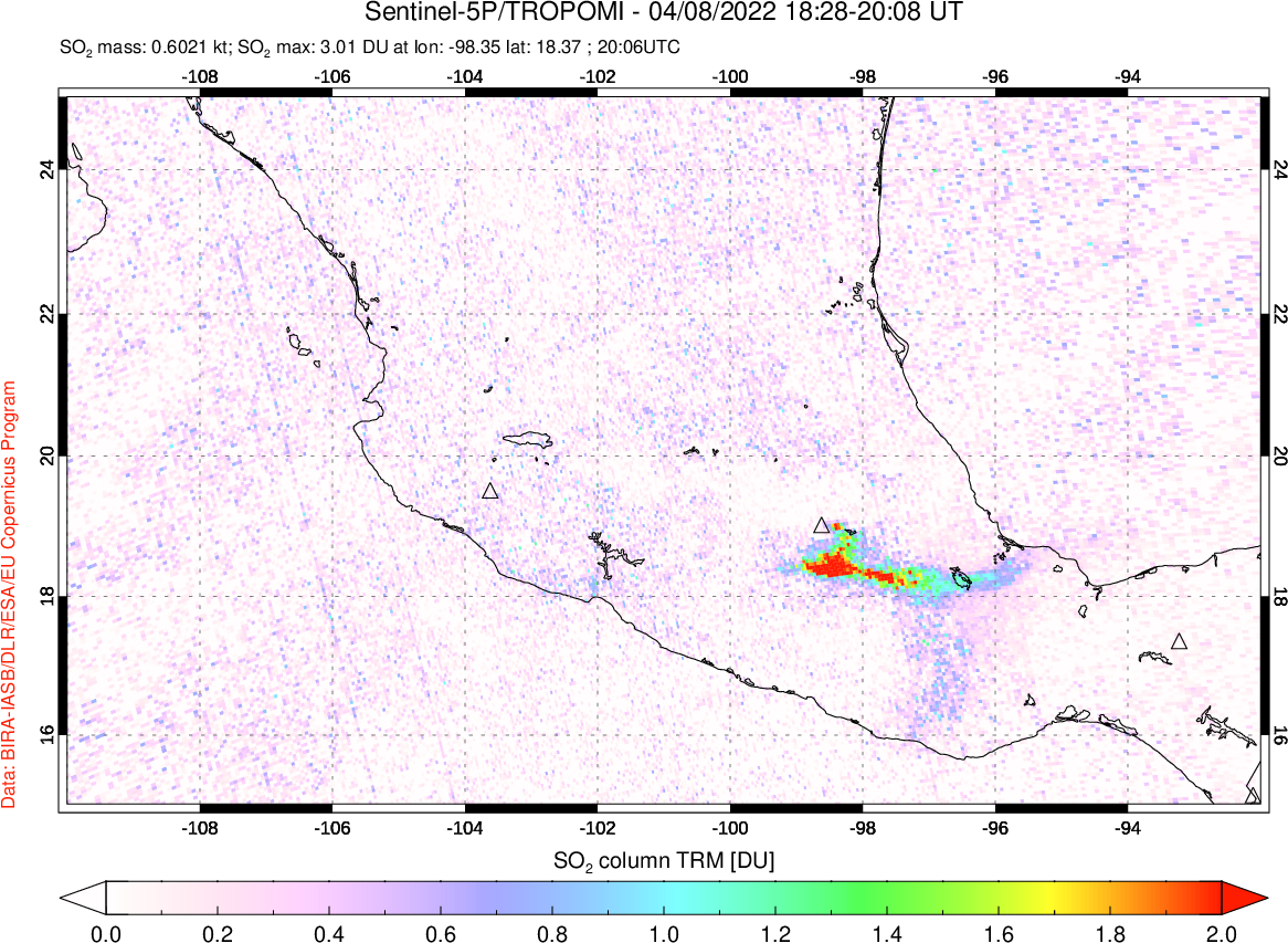 A sulfur dioxide image over Mexico on Apr 08, 2022.