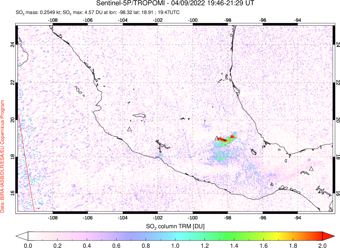 A sulfur dioxide image over Mexico on Apr 09, 2022.