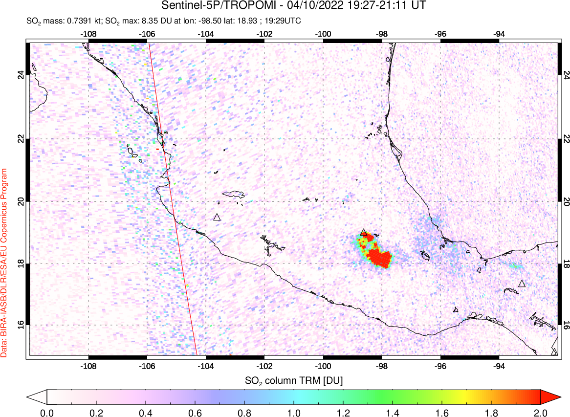 A sulfur dioxide image over Mexico on Apr 10, 2022.