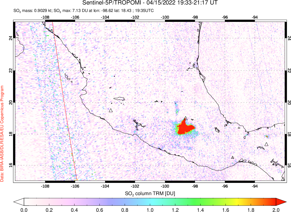 A sulfur dioxide image over Mexico on Apr 15, 2022.
