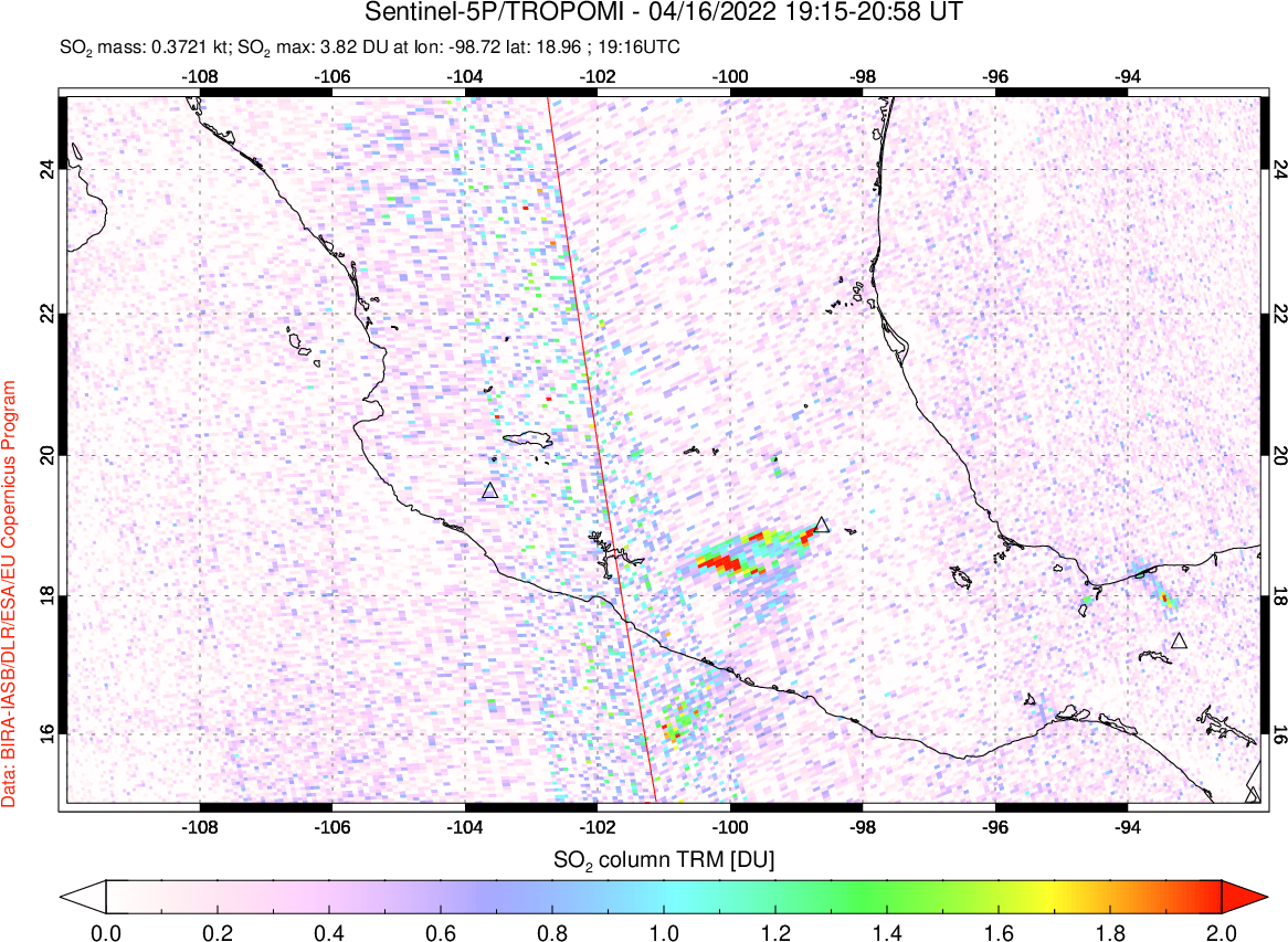A sulfur dioxide image over Mexico on Apr 16, 2022.