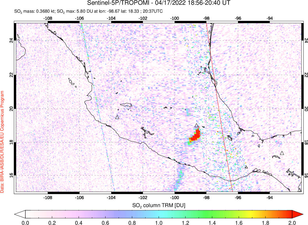 A sulfur dioxide image over Mexico on Apr 17, 2022.