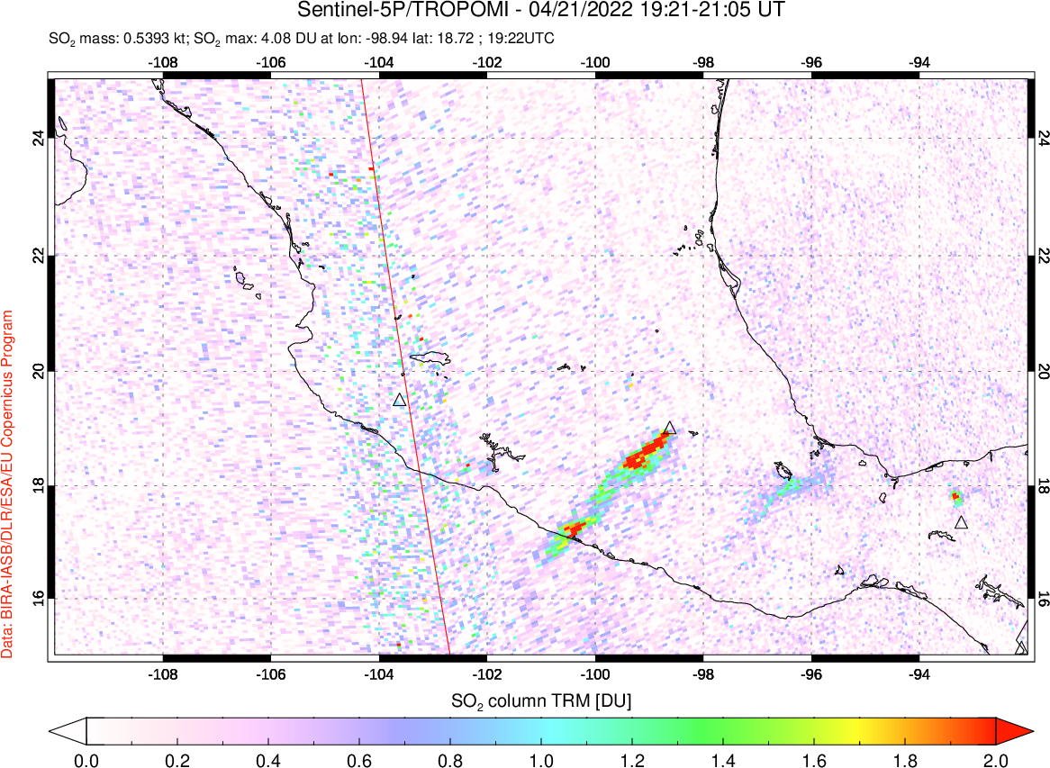 A sulfur dioxide image over Mexico on Apr 21, 2022.
