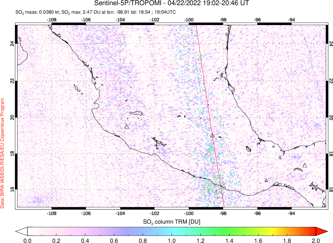 A sulfur dioxide image over Mexico on Apr 22, 2022.