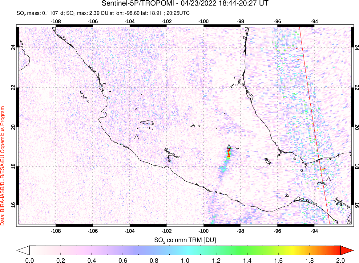 A sulfur dioxide image over Mexico on Apr 23, 2022.