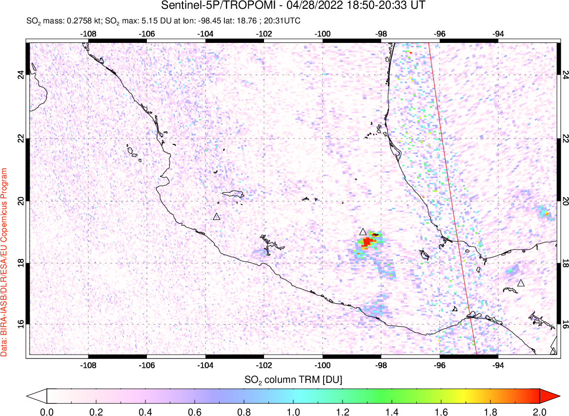 A sulfur dioxide image over Mexico on Apr 28, 2022.