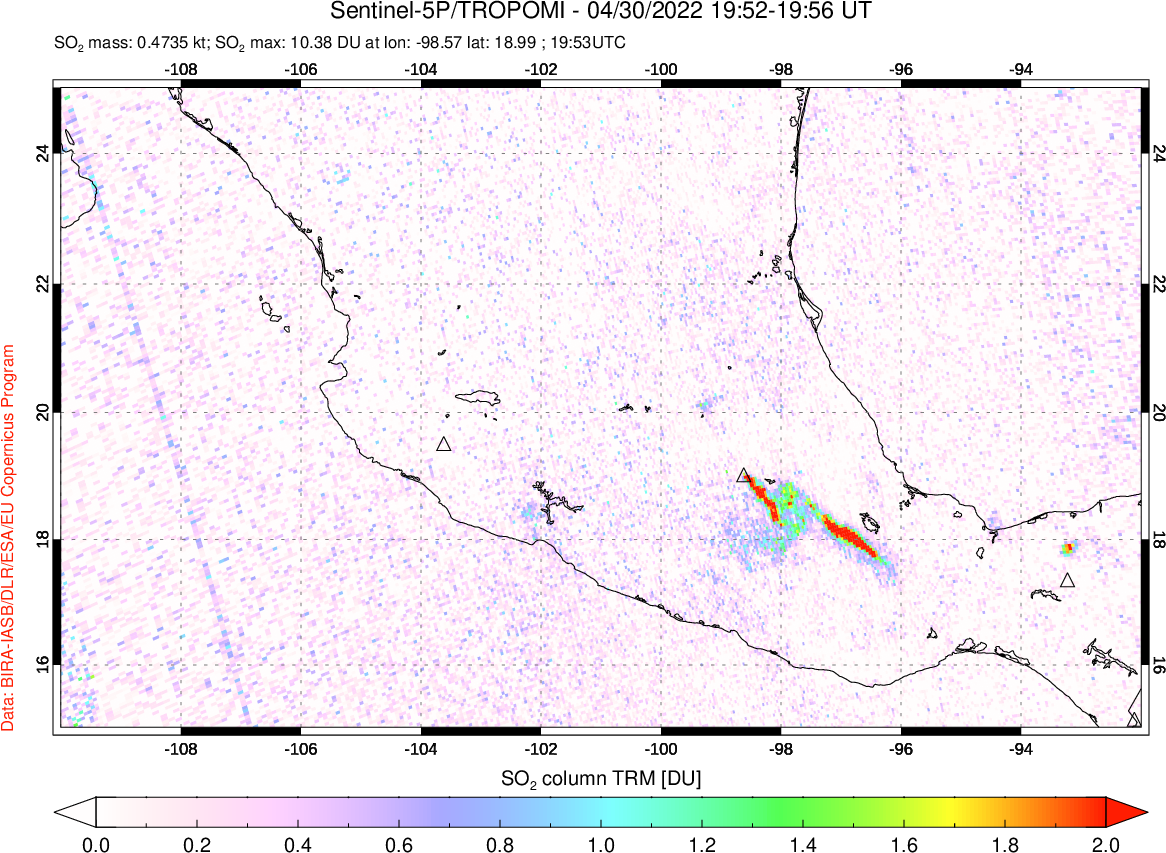 A sulfur dioxide image over Mexico on Apr 30, 2022.