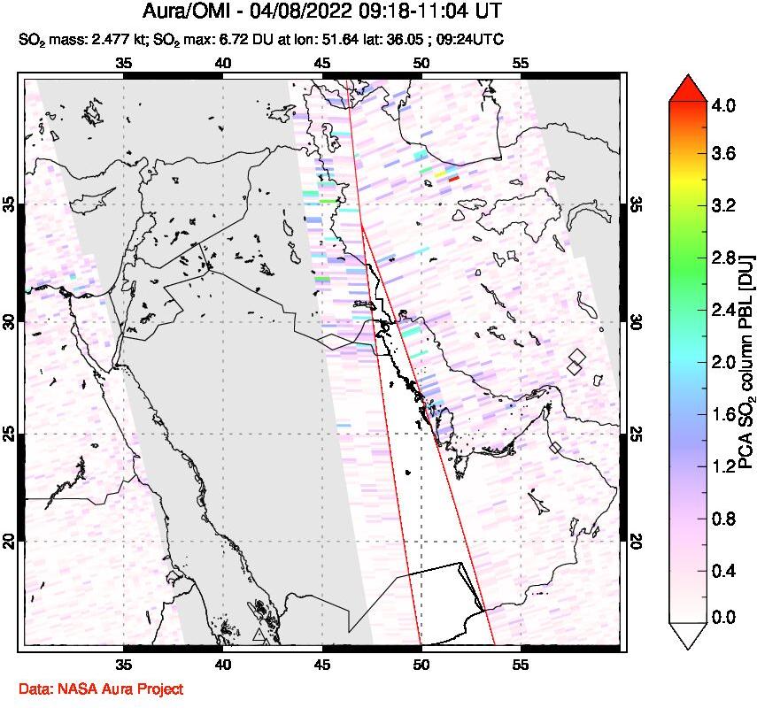 A sulfur dioxide image over Middle East on Apr 08, 2022.