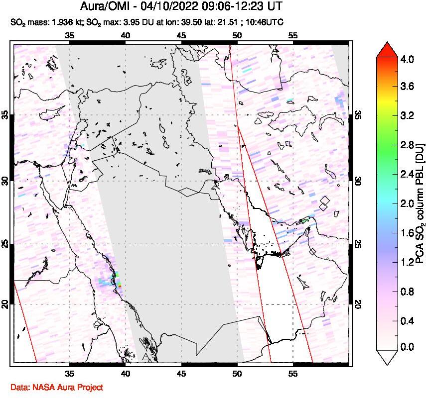 A sulfur dioxide image over Middle East on Apr 10, 2022.
