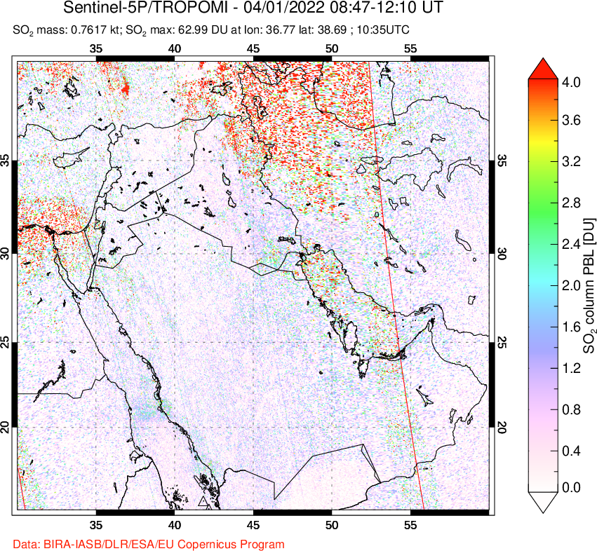 A sulfur dioxide image over Middle East on Apr 01, 2022.