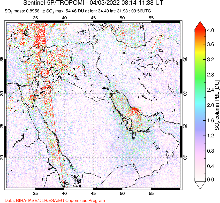 A sulfur dioxide image over Middle East on Apr 03, 2022.