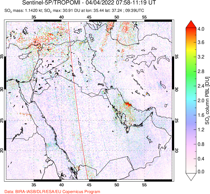 A sulfur dioxide image over Middle East on Apr 04, 2022.