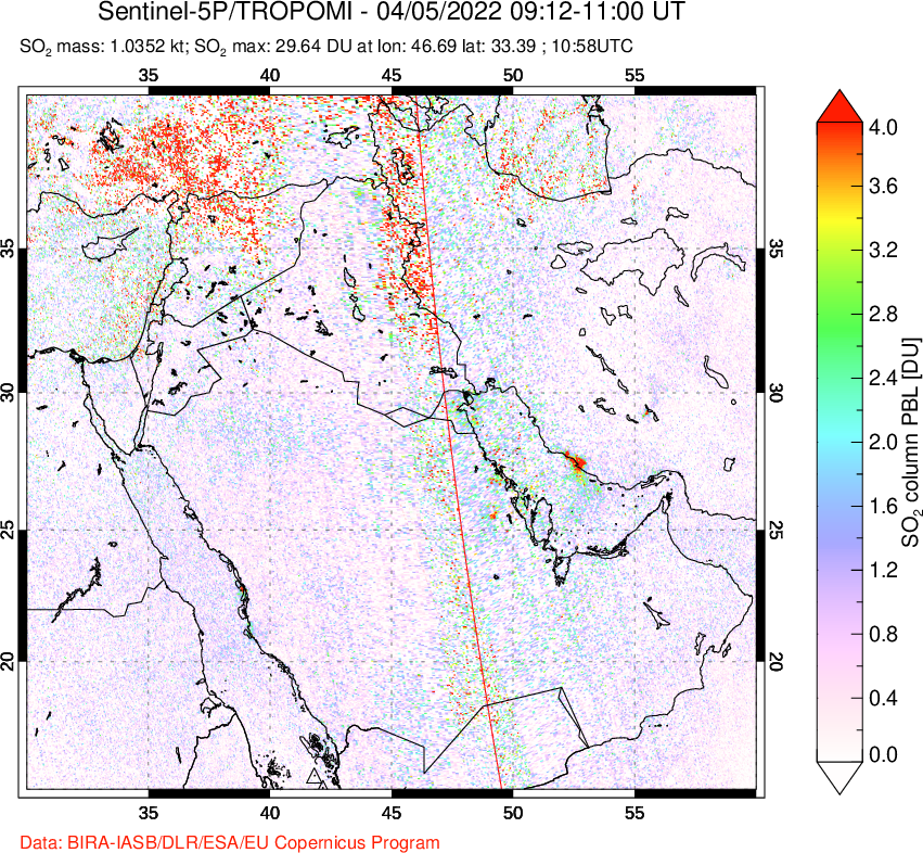 A sulfur dioxide image over Middle East on Apr 05, 2022.