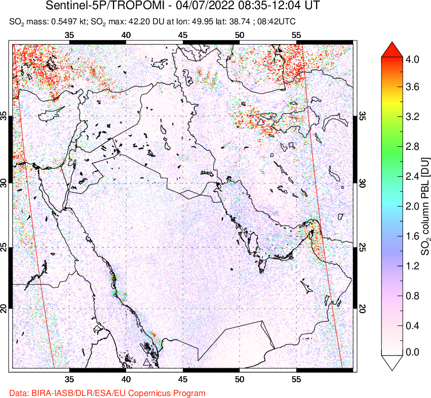 A sulfur dioxide image over Middle East on Apr 07, 2022.