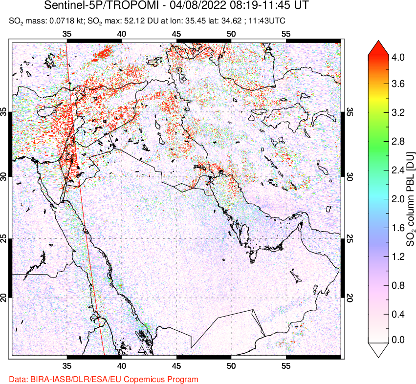A sulfur dioxide image over Middle East on Apr 08, 2022.