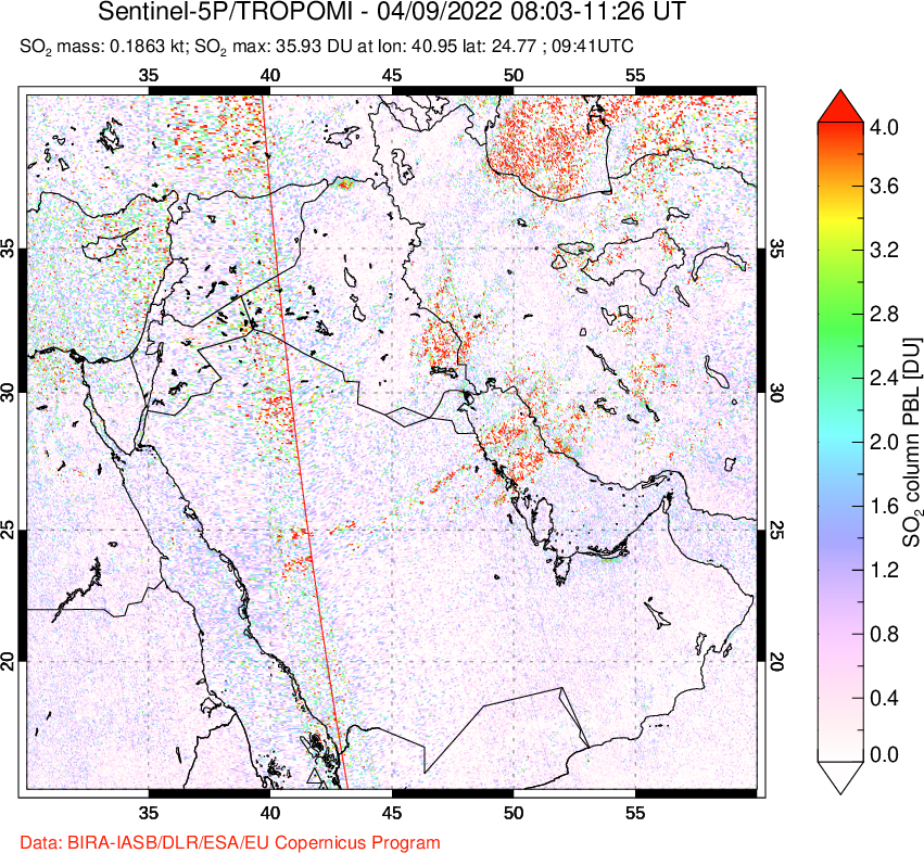 A sulfur dioxide image over Middle East on Apr 09, 2022.