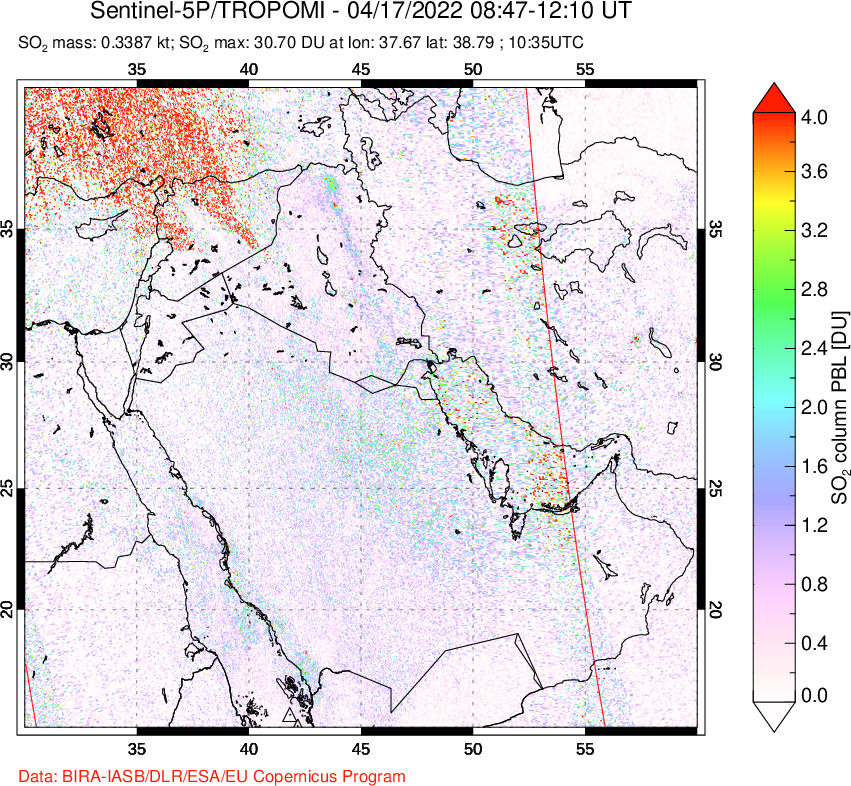 A sulfur dioxide image over Middle East on Apr 17, 2022.