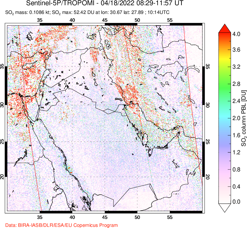 A sulfur dioxide image over Middle East on Apr 18, 2022.