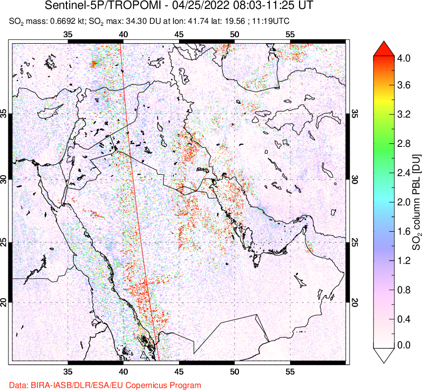A sulfur dioxide image over Middle East on Apr 25, 2022.