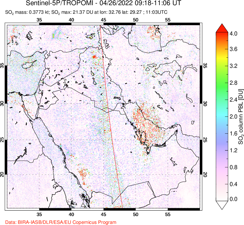 A sulfur dioxide image over Middle East on Apr 26, 2022.