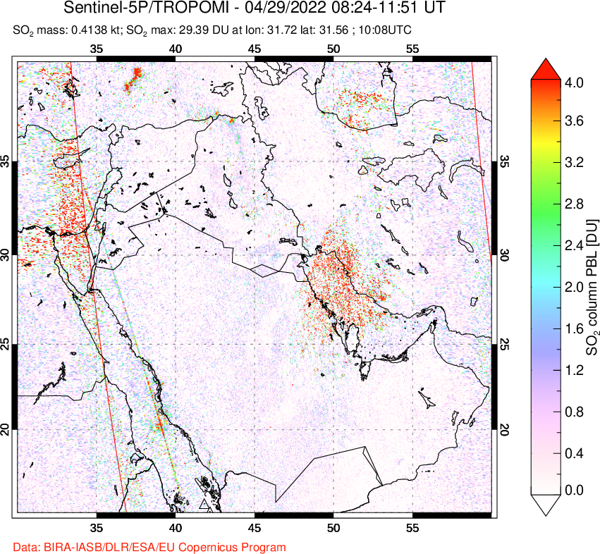 A sulfur dioxide image over Middle East on Apr 29, 2022.