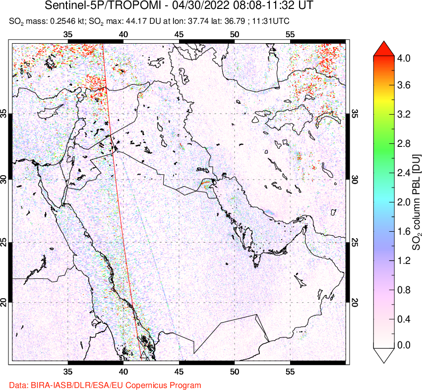 A sulfur dioxide image over Middle East on Apr 30, 2022.