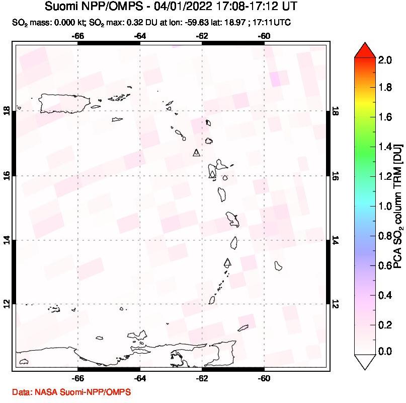 A sulfur dioxide image over Montserrat, West Indies on Apr 01, 2022.