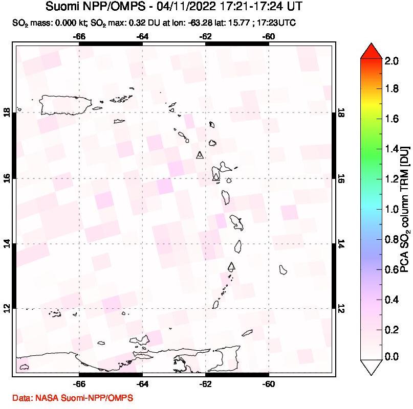 A sulfur dioxide image over Montserrat, West Indies on Apr 11, 2022.