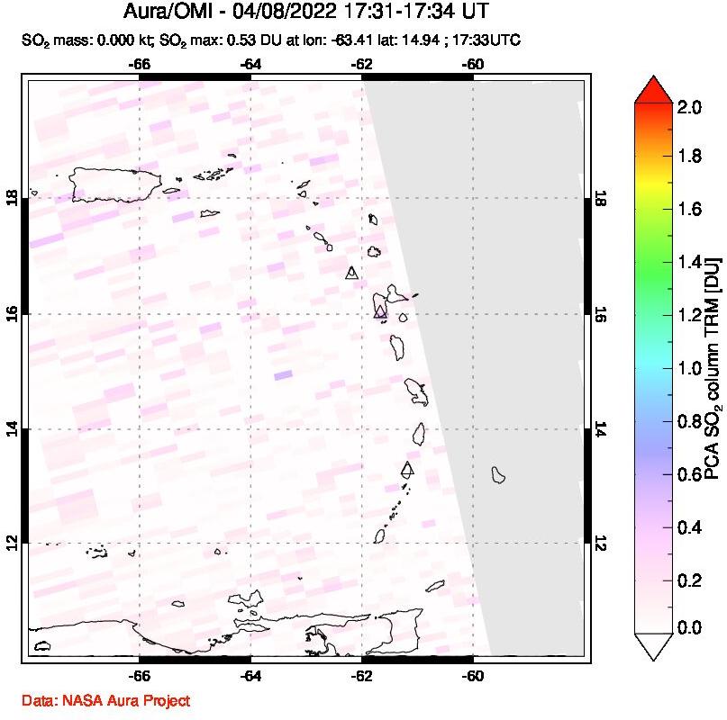 A sulfur dioxide image over Montserrat, West Indies on Apr 08, 2022.