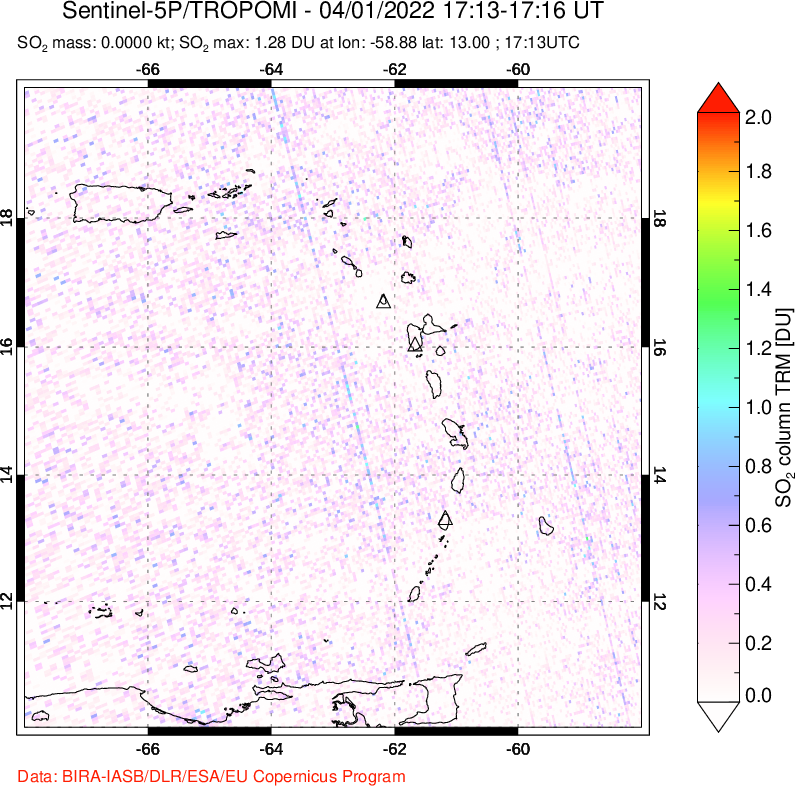 A sulfur dioxide image over Montserrat, West Indies on Apr 01, 2022.