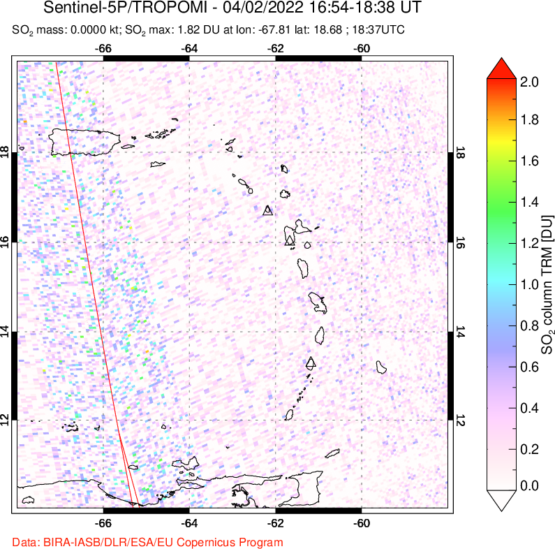 A sulfur dioxide image over Montserrat, West Indies on Apr 02, 2022.