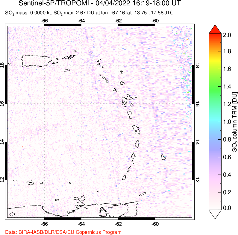A sulfur dioxide image over Montserrat, West Indies on Apr 04, 2022.