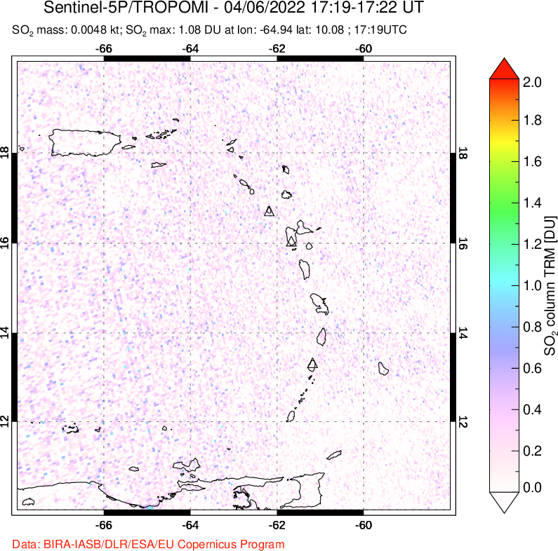 A sulfur dioxide image over Montserrat, West Indies on Apr 06, 2022.
