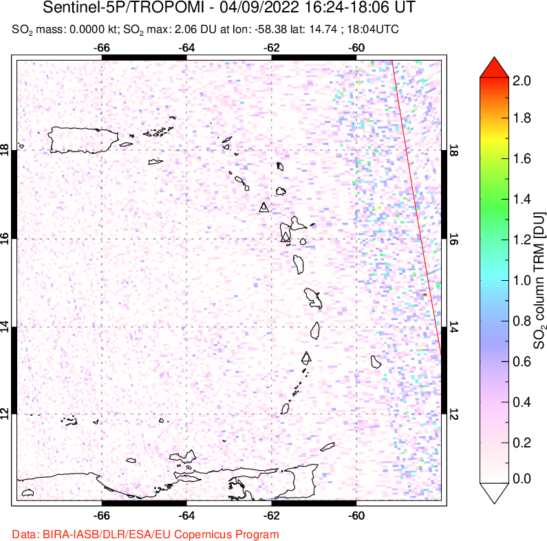A sulfur dioxide image over Montserrat, West Indies on Apr 09, 2022.