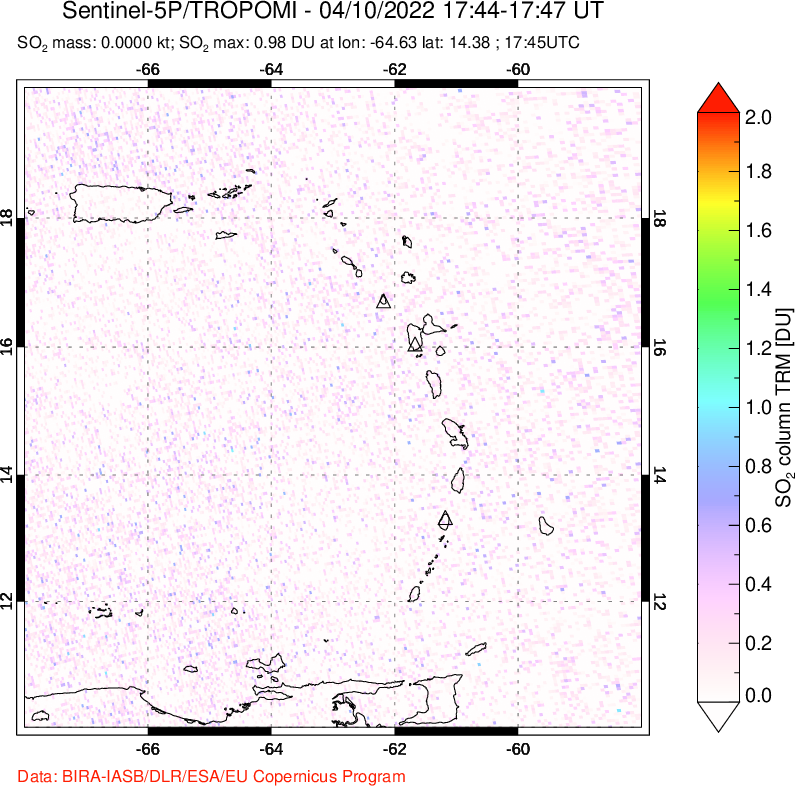 A sulfur dioxide image over Montserrat, West Indies on Apr 10, 2022.