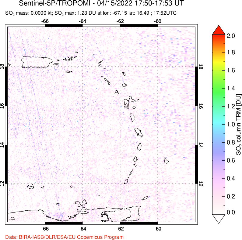 A sulfur dioxide image over Montserrat, West Indies on Apr 15, 2022.