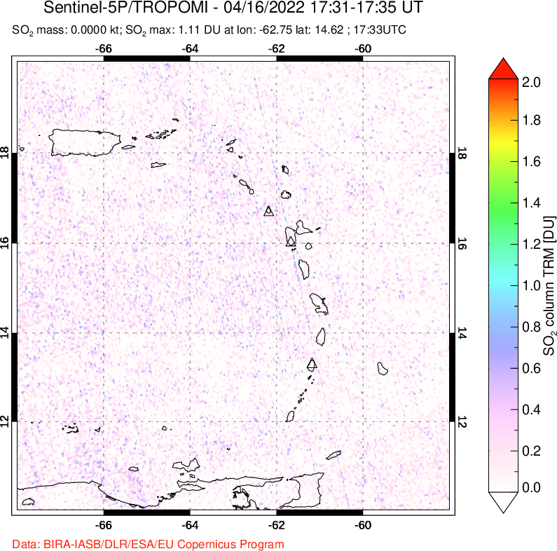 A sulfur dioxide image over Montserrat, West Indies on Apr 16, 2022.
