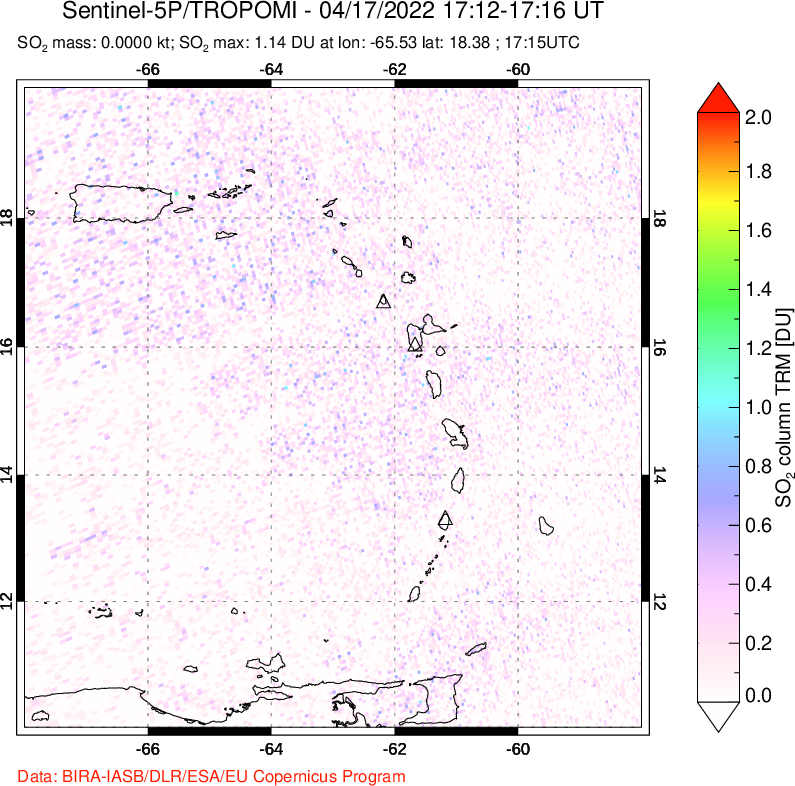 A sulfur dioxide image over Montserrat, West Indies on Apr 17, 2022.