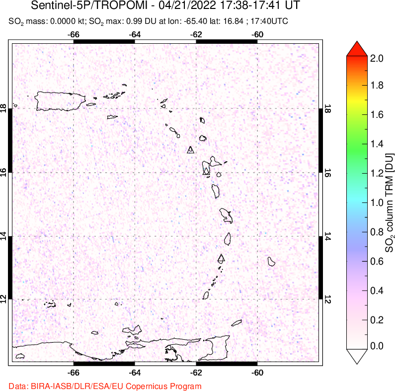 A sulfur dioxide image over Montserrat, West Indies on Apr 21, 2022.