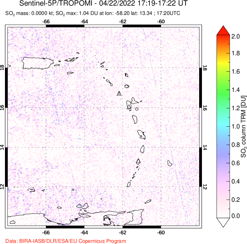A sulfur dioxide image over Montserrat, West Indies on Apr 22, 2022.