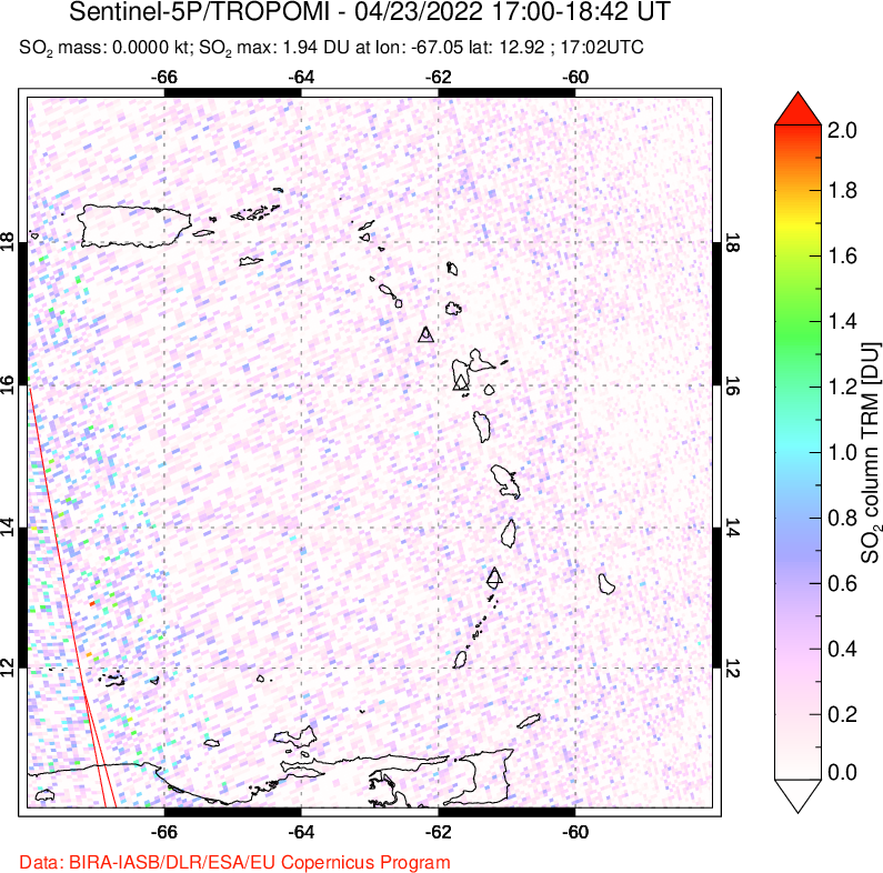 A sulfur dioxide image over Montserrat, West Indies on Apr 23, 2022.