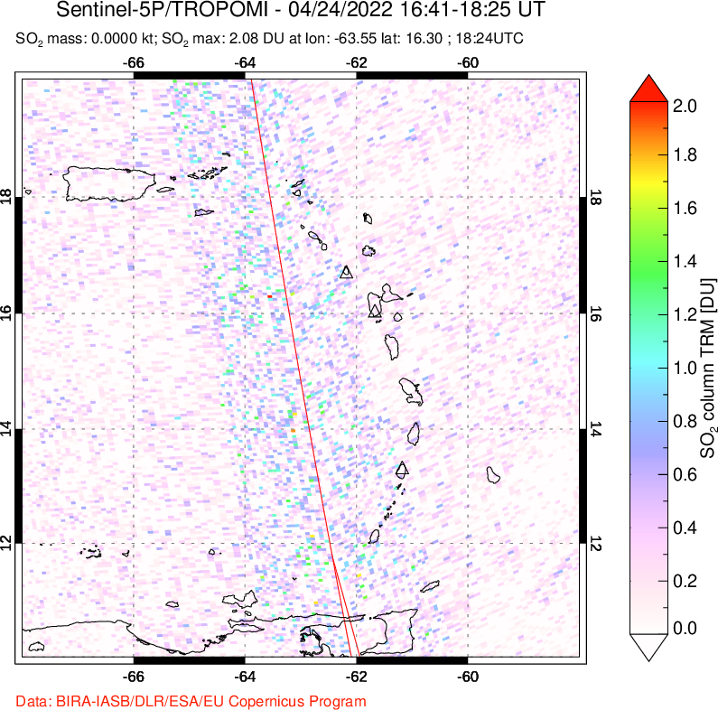 A sulfur dioxide image over Montserrat, West Indies on Apr 24, 2022.