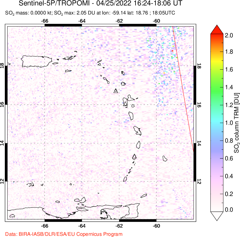 A sulfur dioxide image over Montserrat, West Indies on Apr 25, 2022.