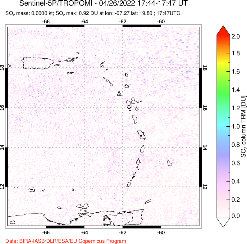 A sulfur dioxide image over Montserrat, West Indies on Apr 26, 2022.
