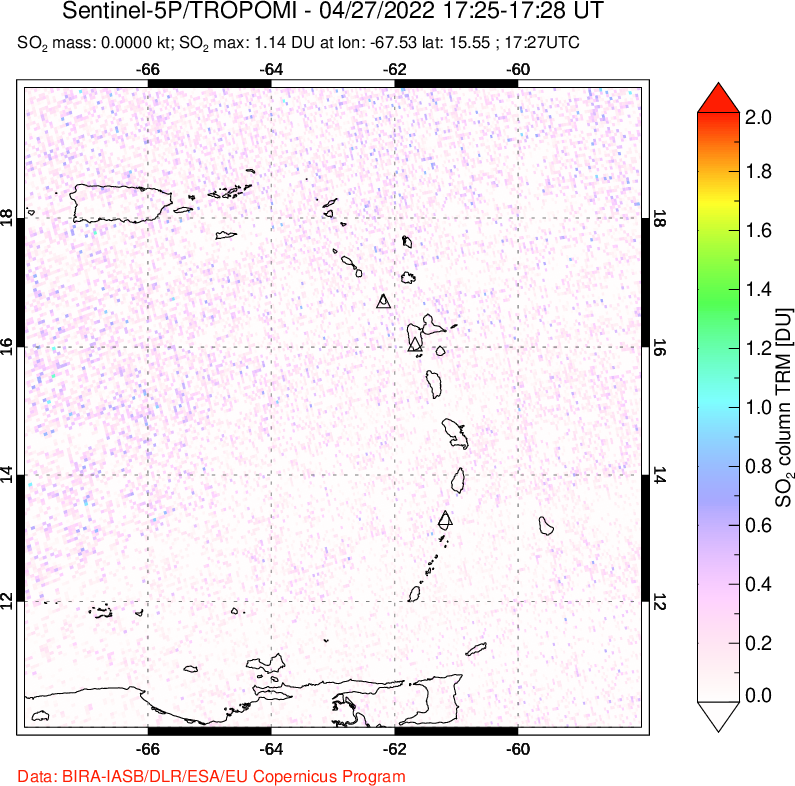 A sulfur dioxide image over Montserrat, West Indies on Apr 27, 2022.