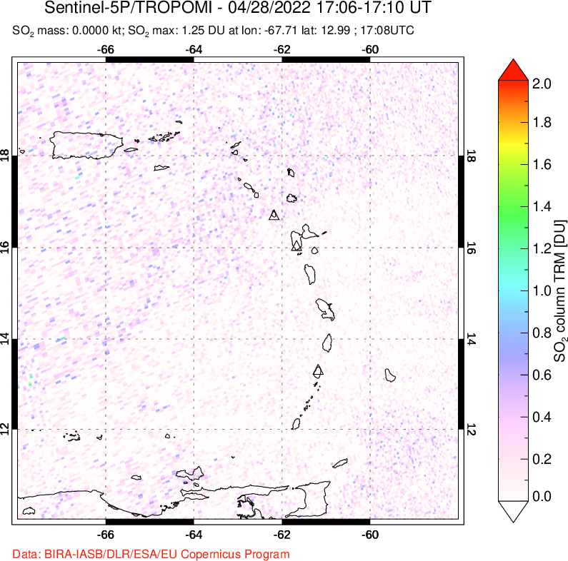 A sulfur dioxide image over Montserrat, West Indies on Apr 28, 2022.