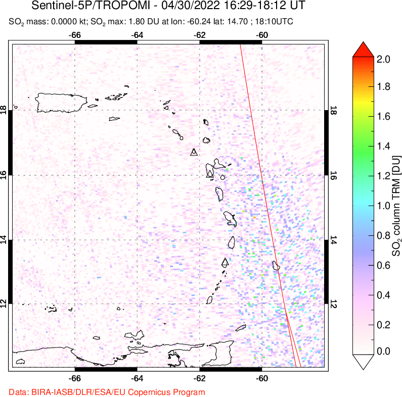A sulfur dioxide image over Montserrat, West Indies on Apr 30, 2022.
