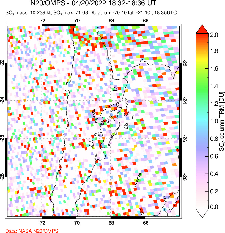 A sulfur dioxide image over Northern Chile on Apr 20, 2022.
