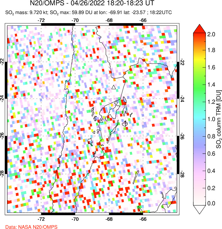 A sulfur dioxide image over Northern Chile on Apr 26, 2022.