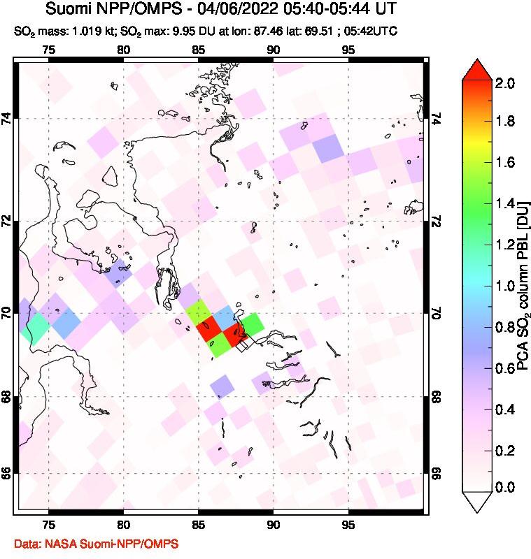 A sulfur dioxide image over Norilsk, Russian Federation on Apr 06, 2022.